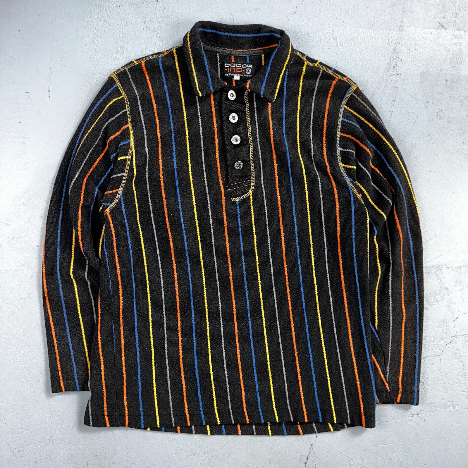 Vintage Cocoa Indo Italy Knit Polo Shirt Small Black Striped Long Sleeve 90s Y2K