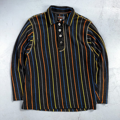 Vintage Cocoa Indo Italy Knit Polo Shirt Small Black Striped Long Sleeve 90s Y2K