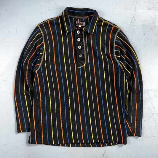 Vintage Cocoa Indo Italy Knit Polo Shirt Small Black Striped Long Sleeve 90s Y2K