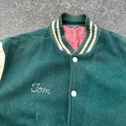 Vintage Letterman Jacket Green White Leather Wool TOM Named Simple Basic 1960s