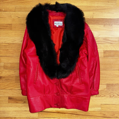 VTG Oleg Cassini Genuine Leather Blazer Fur Jacket Red Womens M 70s 80s Rare