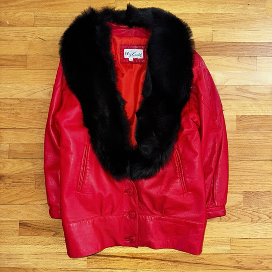 VTG Oleg Cassini Genuine Leather Blazer Fur Jacket Red Womens M 70s 80s Rare