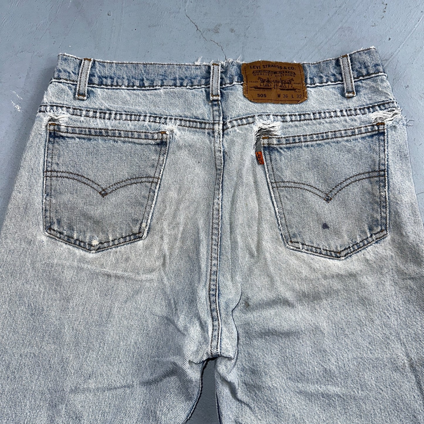 Levis 505 Vintage 90s Orange Tab Jeans 36x32 Thrashed Light Wash 501 Act 33x31