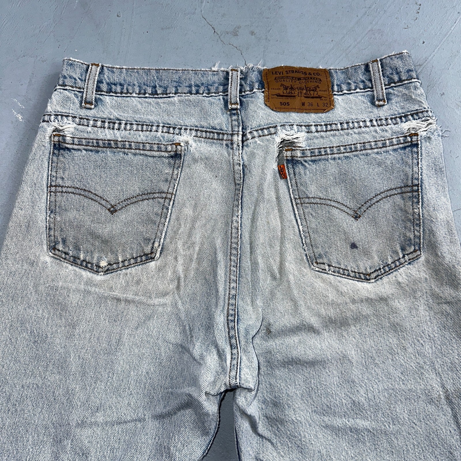 Levis 505 Vintage 90s Orange Tab Jeans 36x32 Thrashed Light Wash 501 Act 33x31