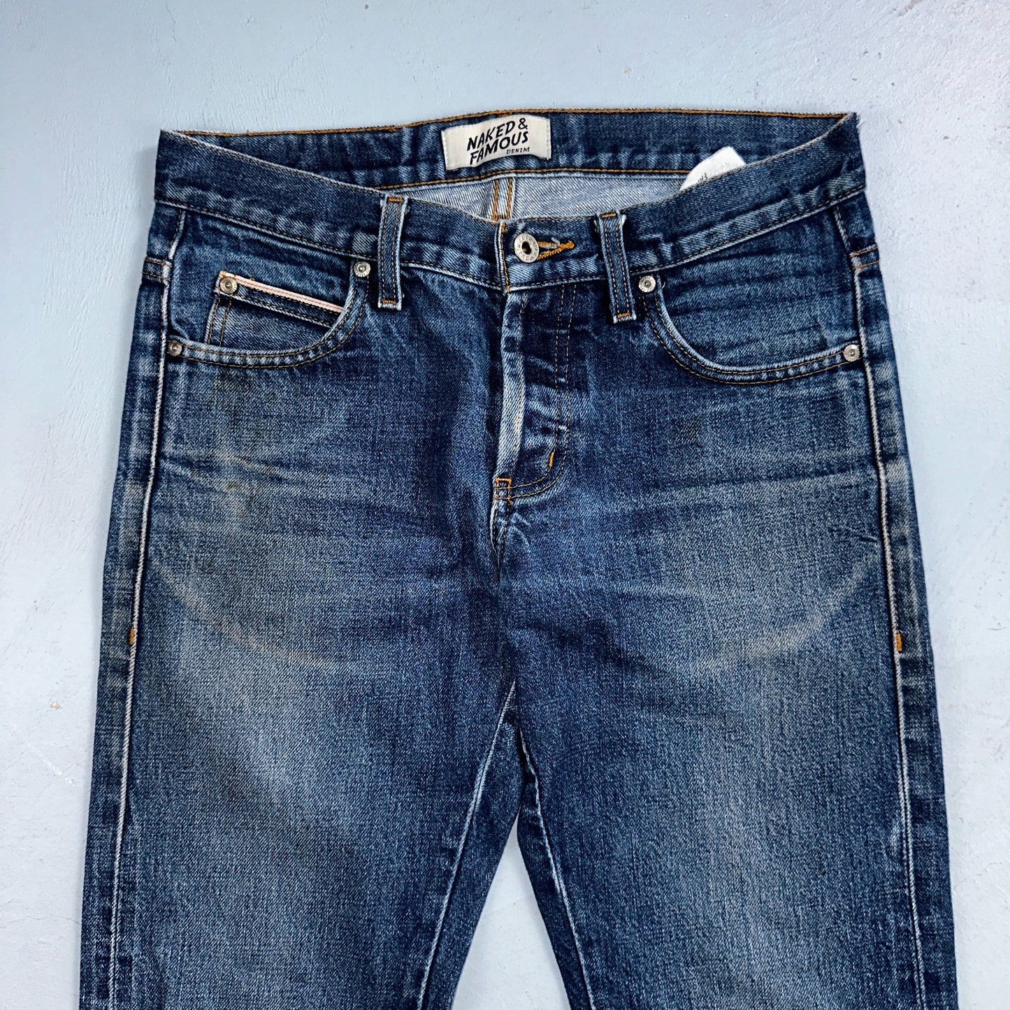 Naked & Famous Jeans Mens 30x36 Blue Dirty Fade Selvedge Denim Skinny Guy