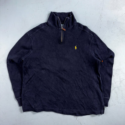 Polo Ralph Lauren Sweater VTG M Blue Cotton Long Sleeve Mock Neck Quarter Zip