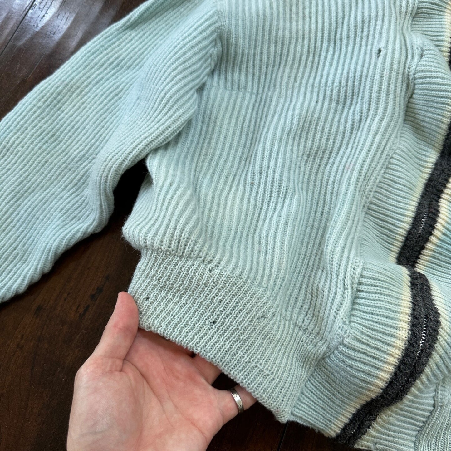 VTG 70s Columbia Knit Rugby Gear Sweater Zip Up Blue Color Block Made In USA