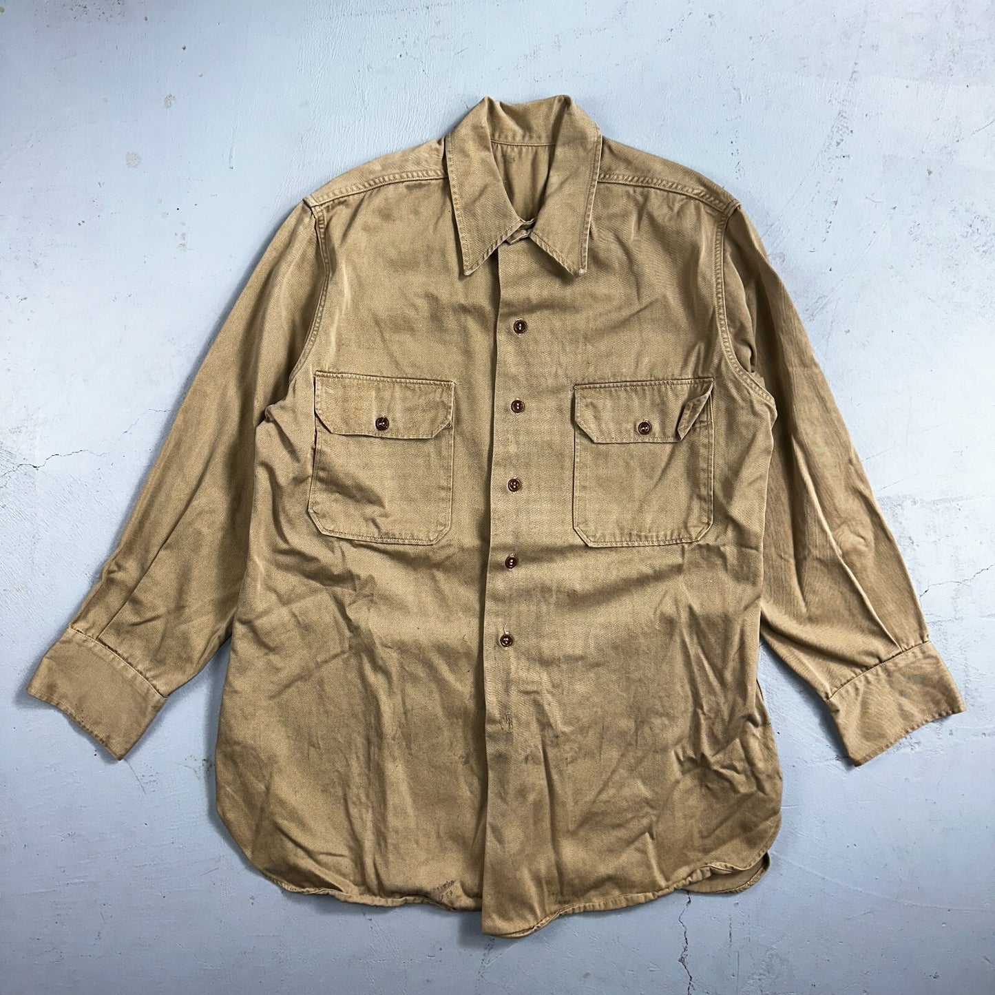 Vintage 40s WWII Gusset Khaki Work Army Military Button Shirt Stencil USN
