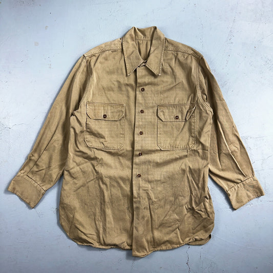 Vintage 40s WWII Gusset Khaki Work Army Military Button Shirt Stencil USN