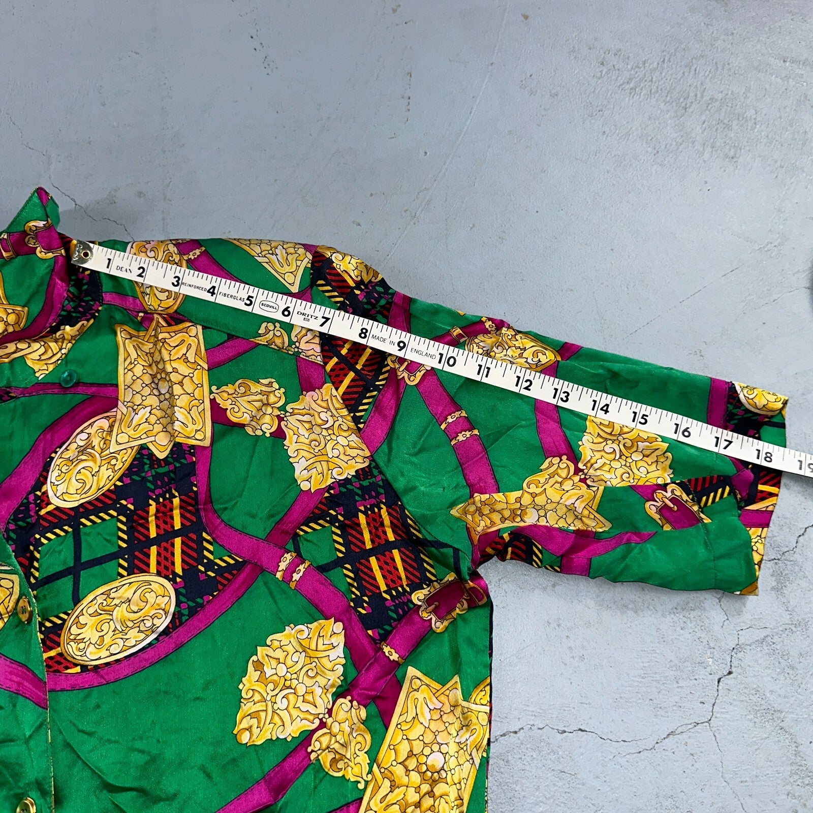 Peter Nygard Shirt Womens 12 Gold Green Silk Abstract VTG 80s Saks Fifth Avenue