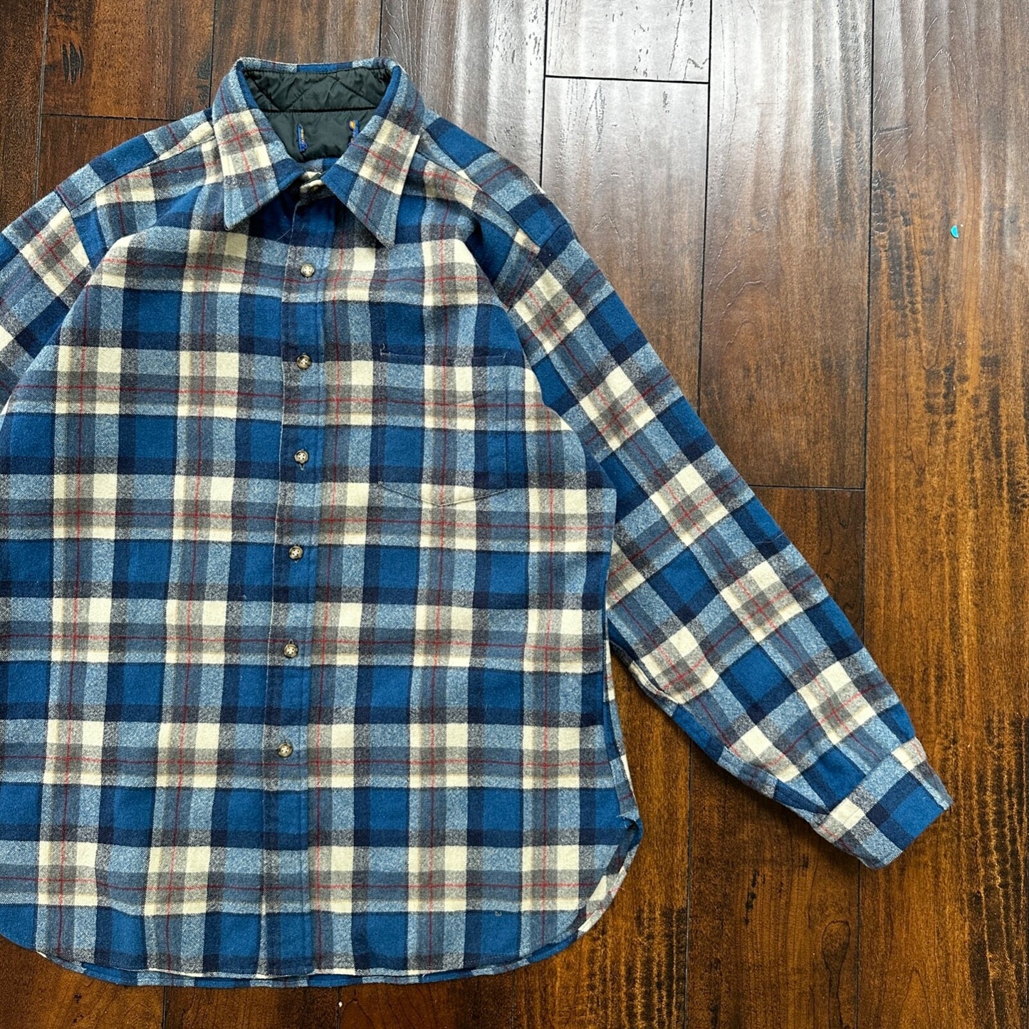 PENDLETON VTG LODGE WOOL FLANNEL L/S SHIRT 80s 70s USA Plaid sz L Shirt