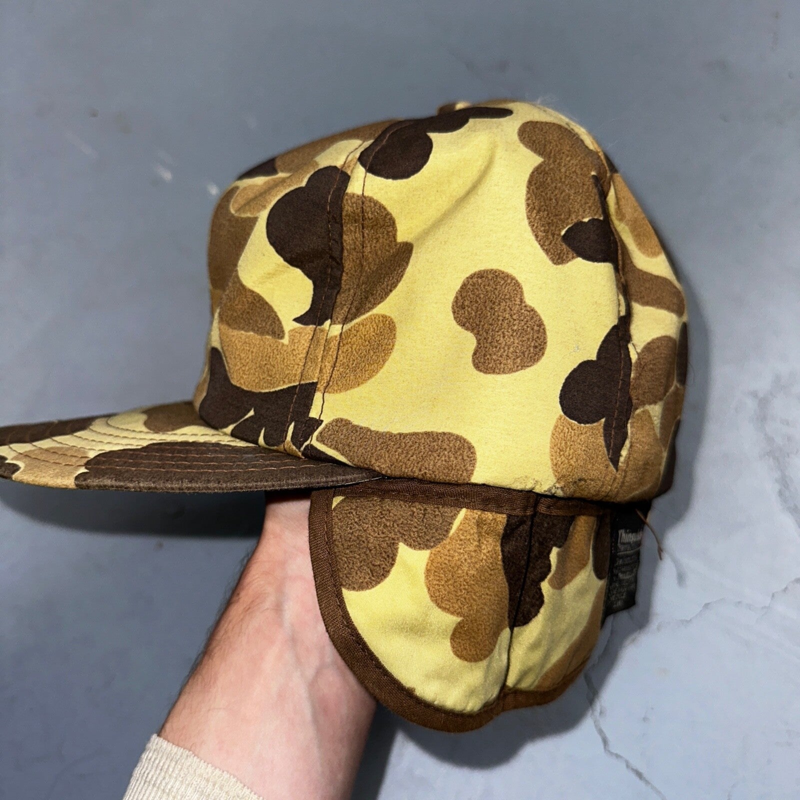 Goretex Duck Camo Hat w/ Earflaps Cap Dunn Large VTG Hunting Thinsulate 90s