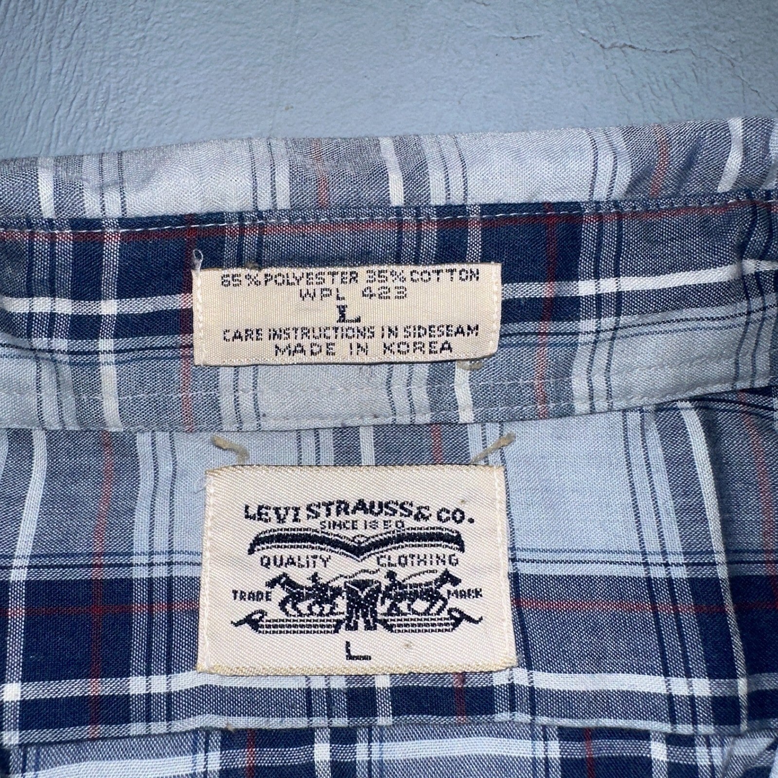 Levis VTG 1980s Pearl Snap Button Shirt Mens L Plaid 80s Cowboy Shirt Korea SS