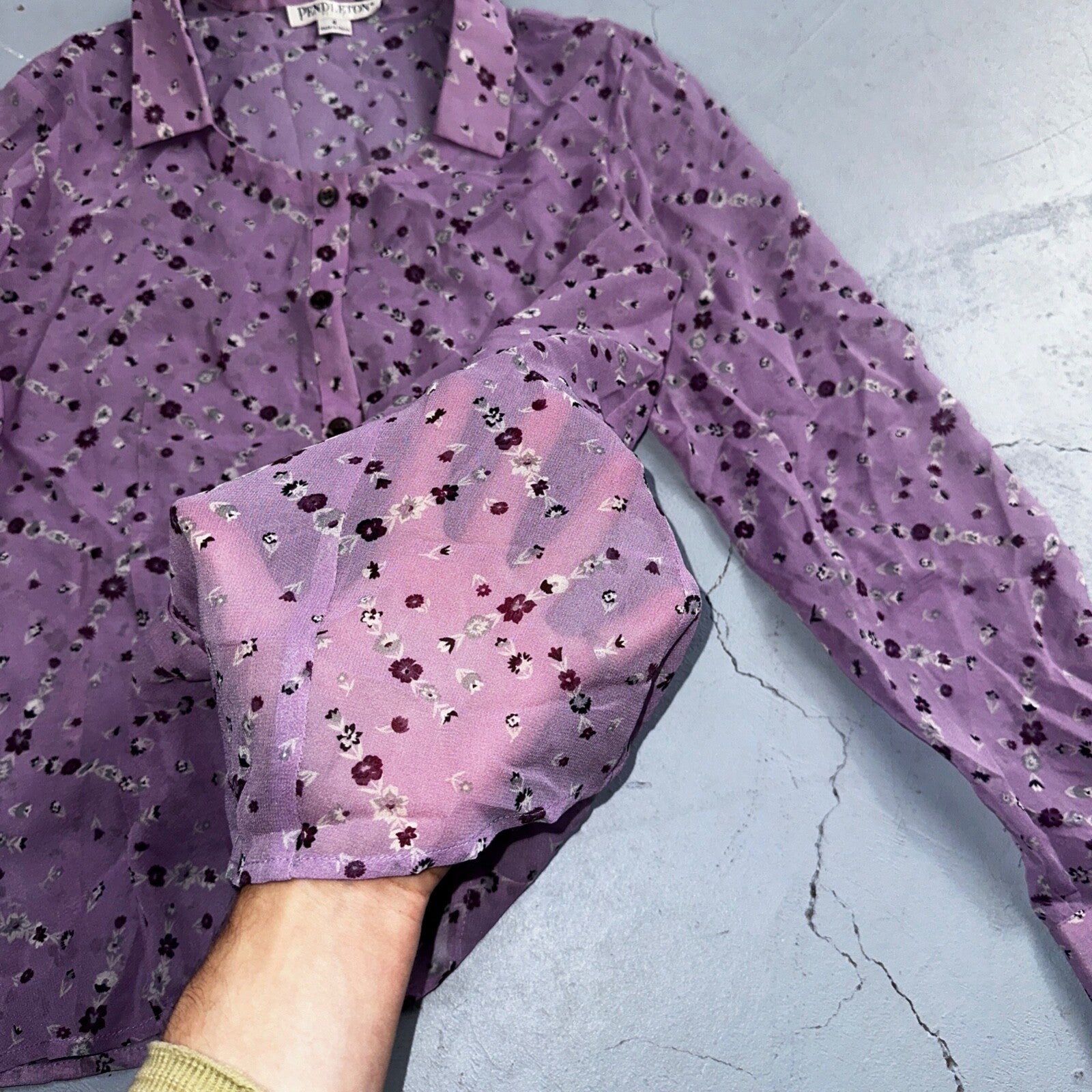 Pendelton 100% Silk Purple Collared Button Down Long Sleeve SZ 4 Petite Flowers