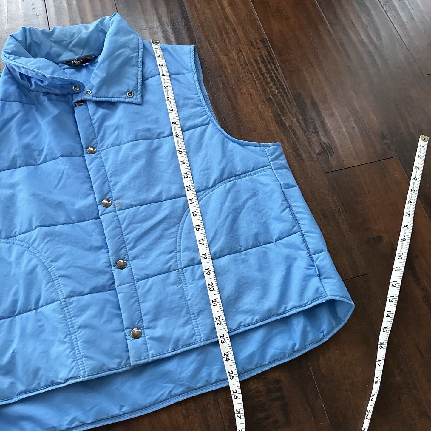 Vtg Sears Western Outdoor Wear Puffer Vest Snap Baby Blue 70s 80s Boxy XL