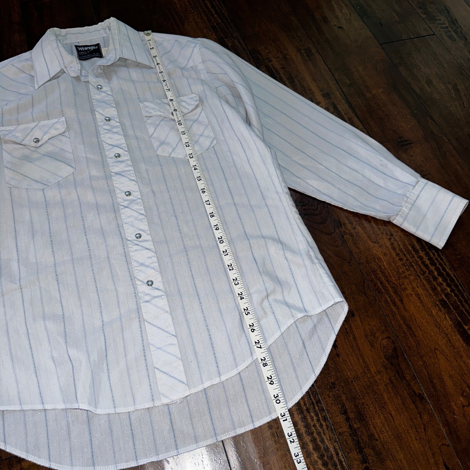 VTG Wrangler Shirt 16-34 Button PEARL SNAP USA Cowboy Cut X-Long Tail Stripe
