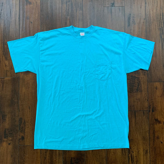 Simple Vintage T Shirt Pocket Blank Bright Baby Blue Single Stitch Oversized 90s