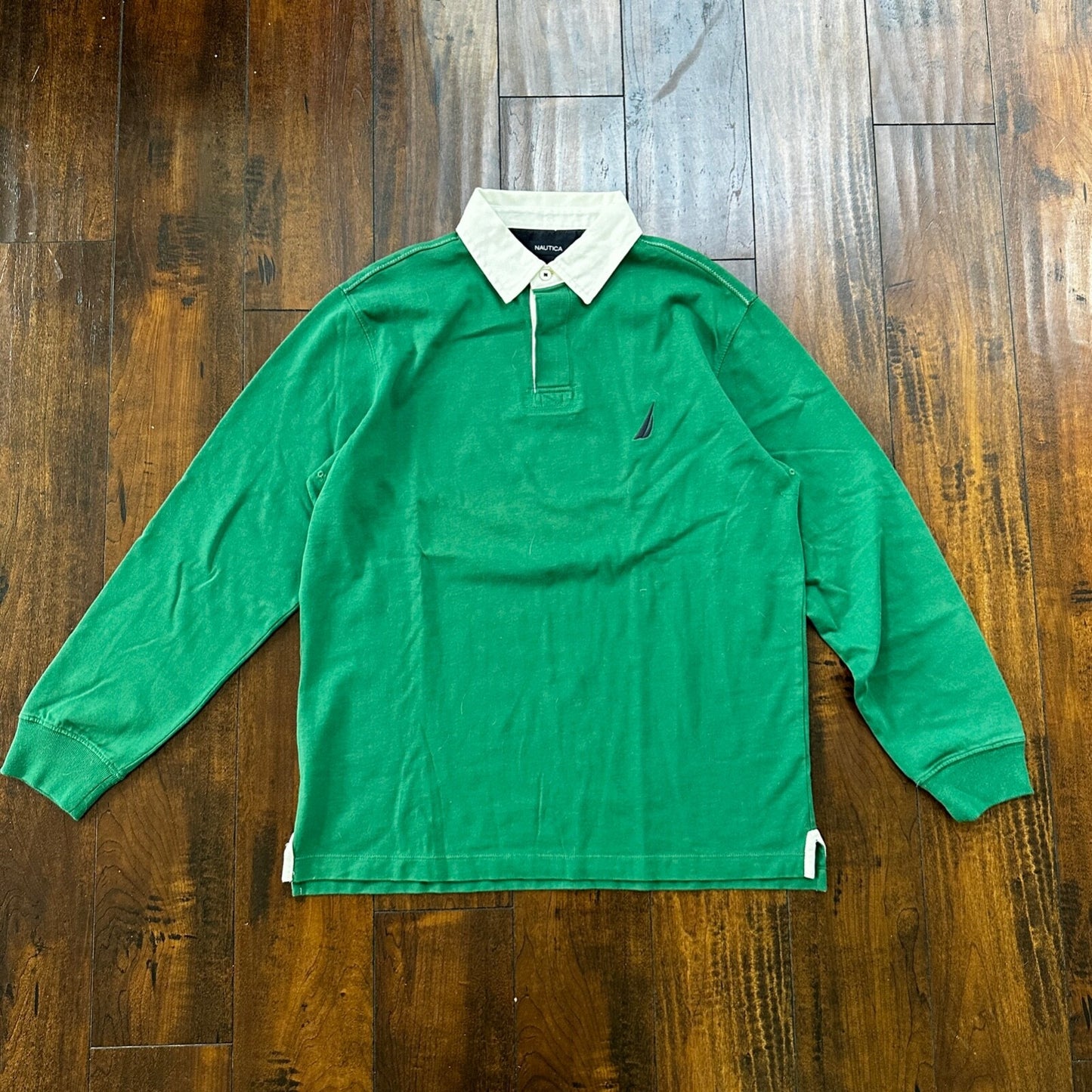 Nautica Men's Long Sleeve Classic Fit Green Polo embroidered logo M 100% Cotton