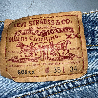 Levis 501 Vintage 90s USA XX Straight Leg Jeans Blue Light Wash 35x34 Act 33x30