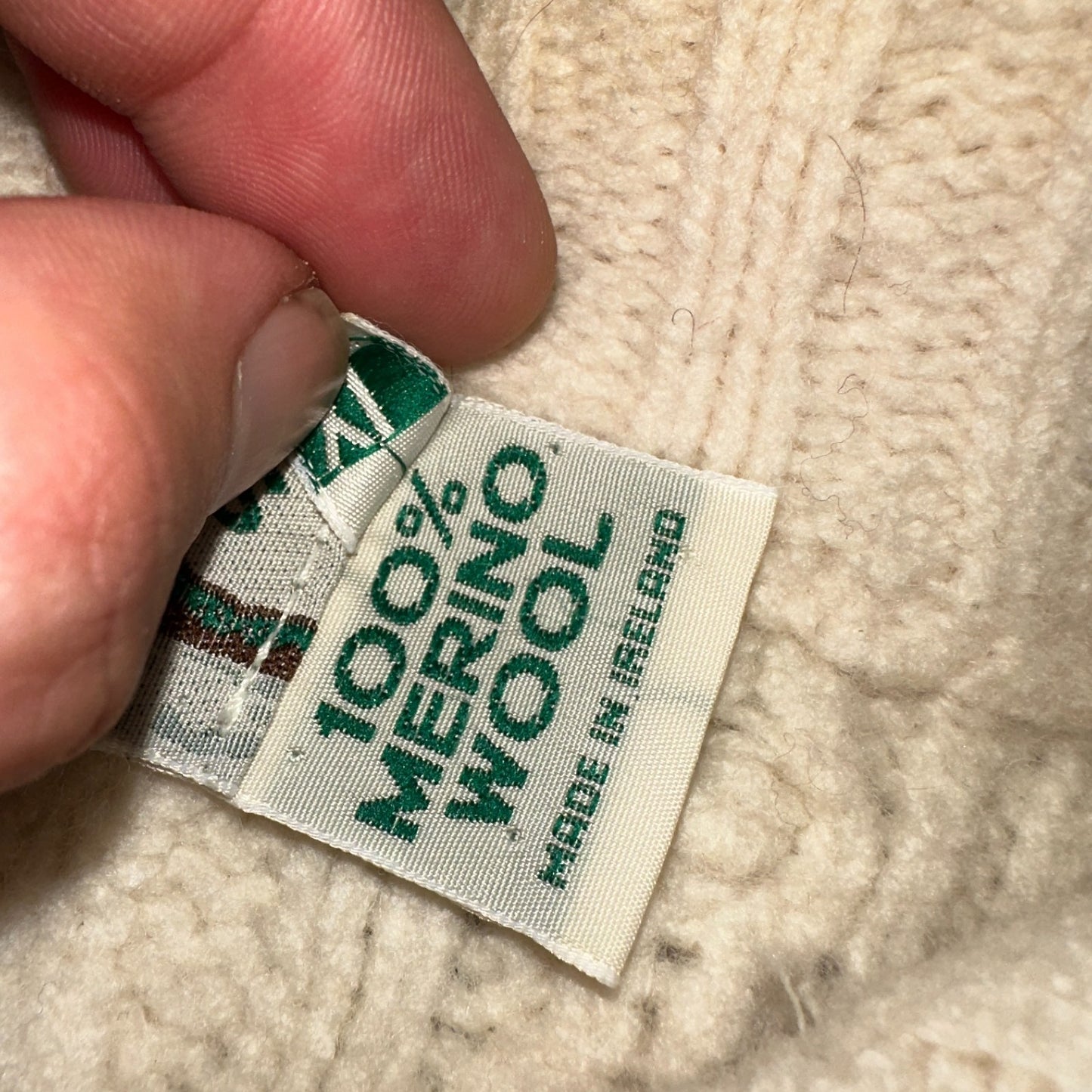 Aran Crafts Ireland Ivory Merino Wool Cable Knit Fisherman Sweater XL 1/4 VTG