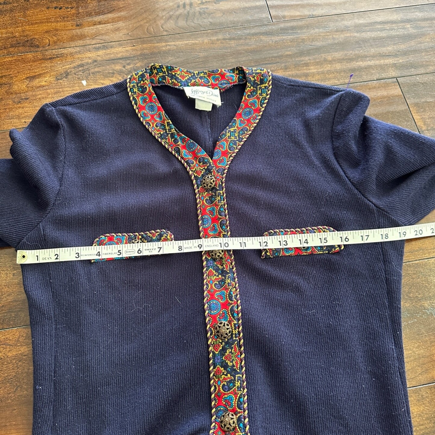Jeffrey and Dara by Linda Hutley Knit Blazer Paisley VTG Navy Cardigan 90s