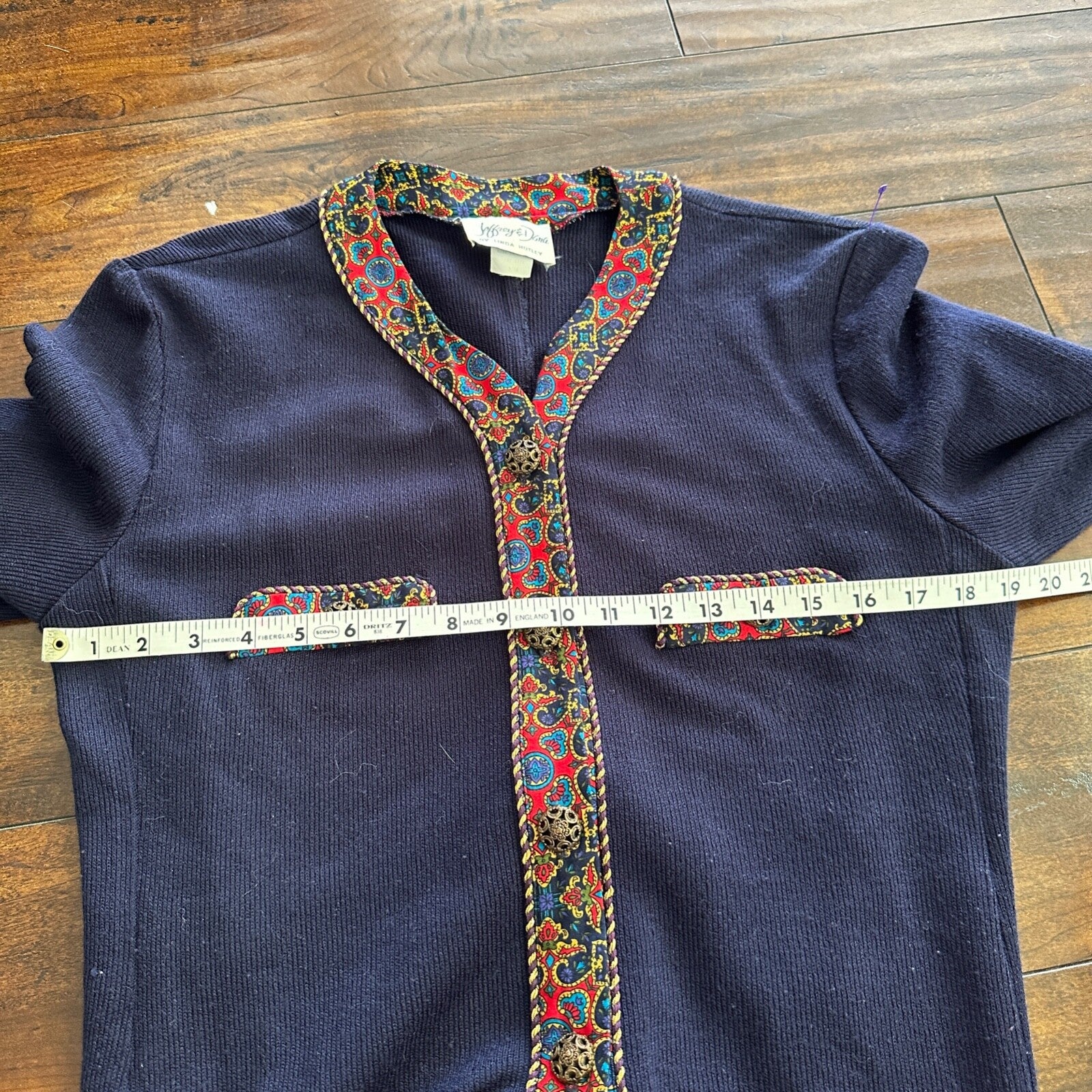 Jeffrey and Dara by Linda Hutley Knit Blazer Paisley VTG Navy Cardigan 90s