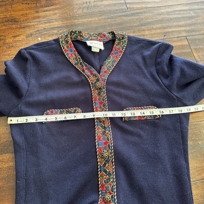 Jeffrey and Dara by Linda Hutley Knit Blazer Paisley VTG Navy Cardigan 90s