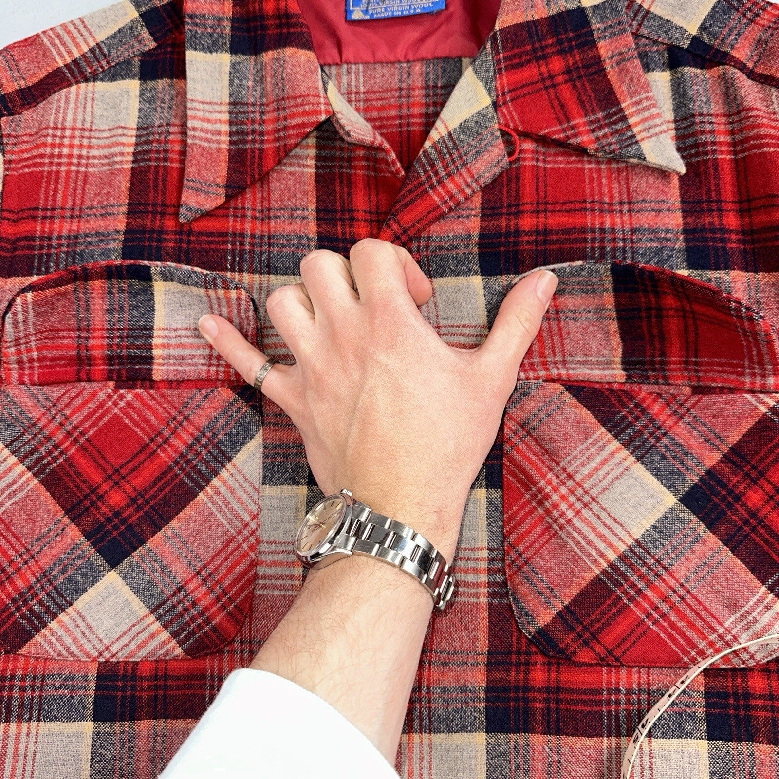 Pendleton 1970s Loop Collar Board Shirt Wool Plaid Flannel Shirts Red Black M