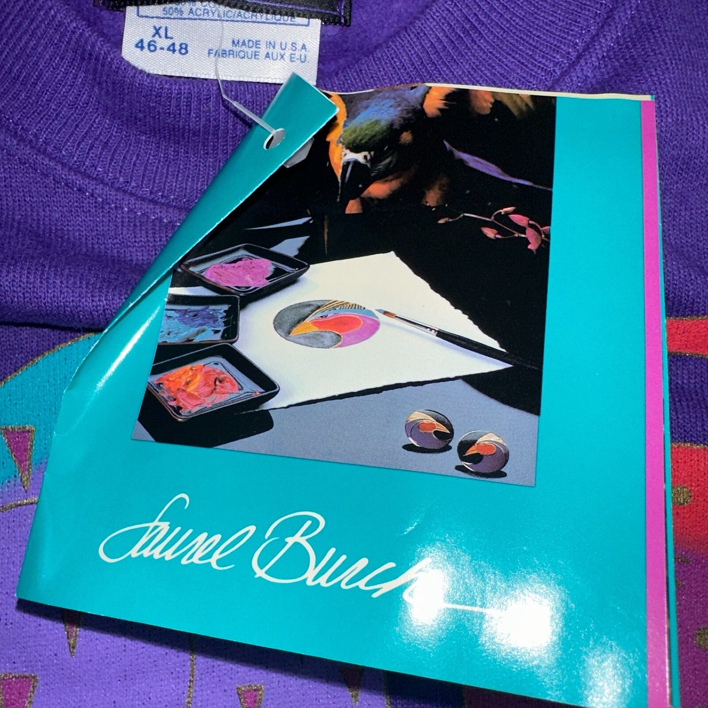 Laurel Burch VTG 1987 Pullover Fantastic Felines Purple Cat Sweatshirt XL NOS