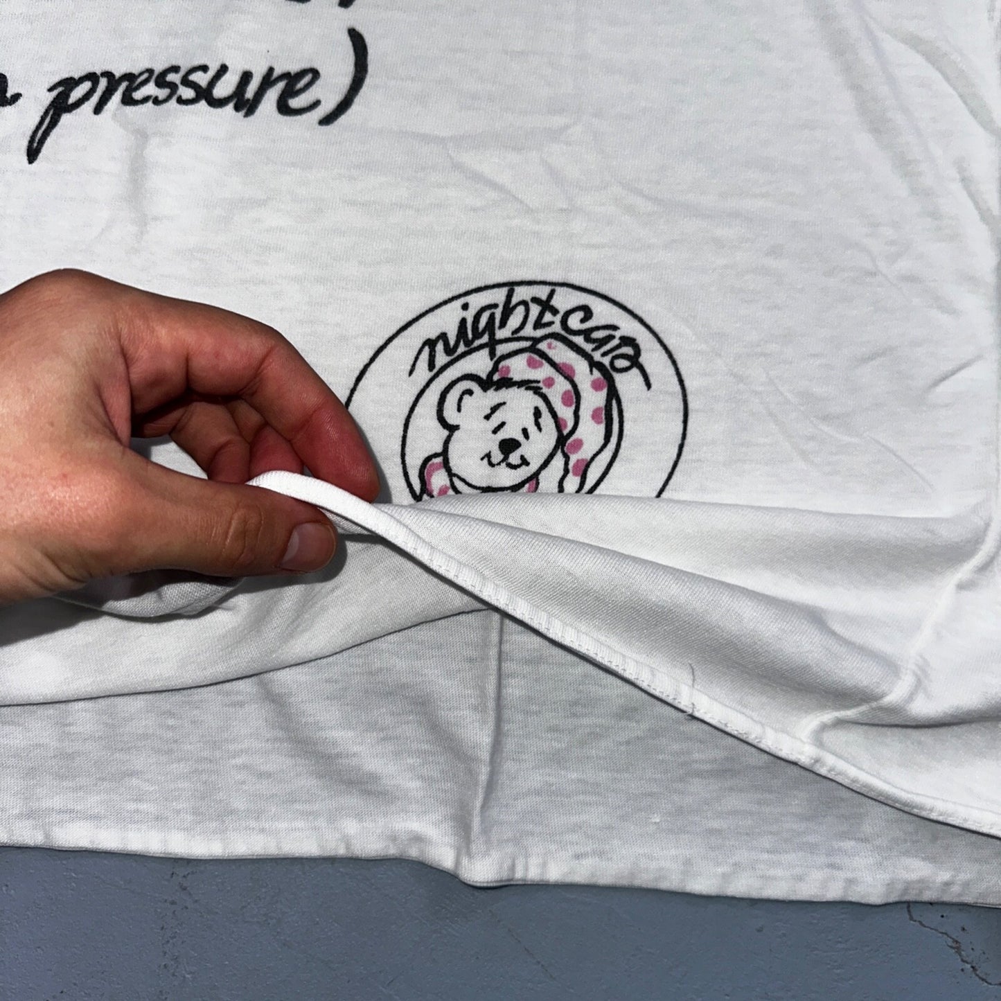 Squeeze Me Hard VTG T Shirt 80s Cute Bear Nightcap Sleep Pajama Adorable Love