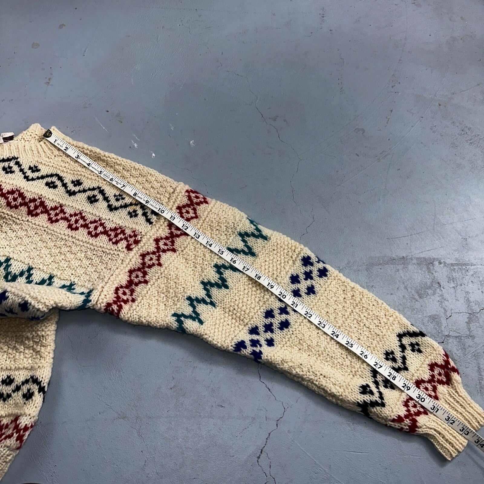 John Ashford VTG 80s Sweater Mens L Cream Multi Wool Fair Isle Hand Knit Crew