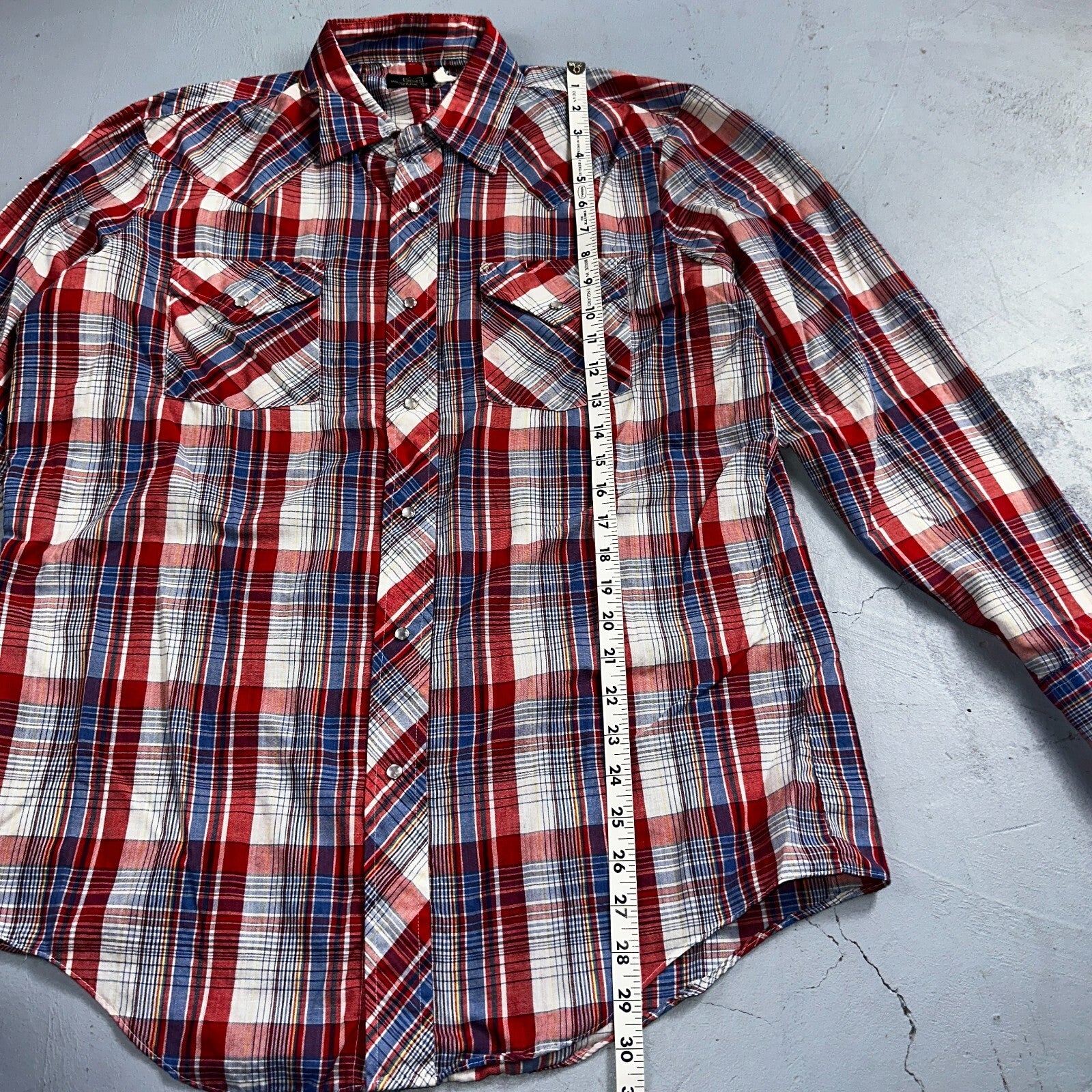 Sears VTG Western Wear L Plaid Ranch Rodeo Shirt Jacket Pearl Snap Red 16