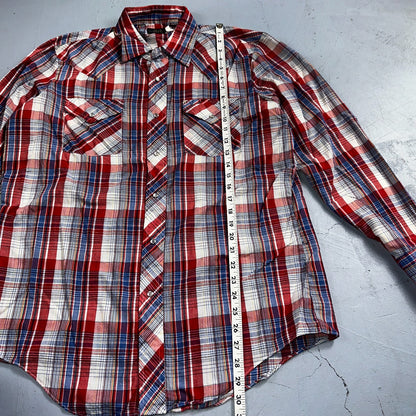 Sears VTG Western Wear L Plaid Ranch Rodeo Shirt Jacket Pearl Snap Red 16