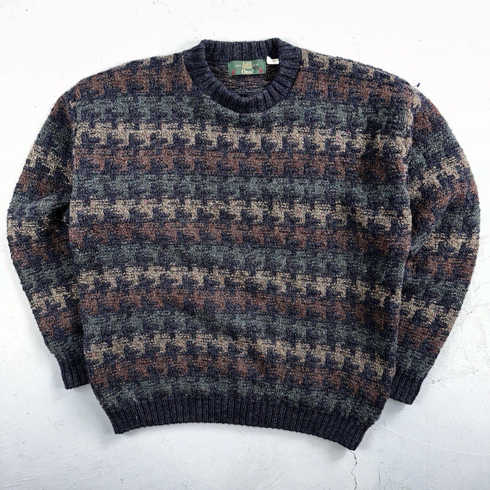 Orvis Men’s Wool Sweater XL Navy Green Tan Brown Jumper Houndstooth GrandpaCore