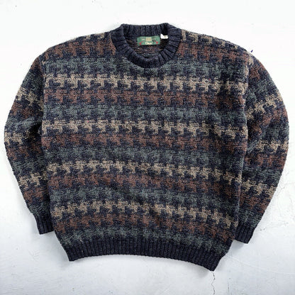 Orvis Men’s Wool Sweater XL Navy Green Tan Brown Jumper Houndstooth GrandpaCore