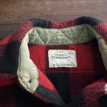 Vintage Penneys Towncraft Red Black Plaid Flannel Shirt Sz M Checker 60s 70s
