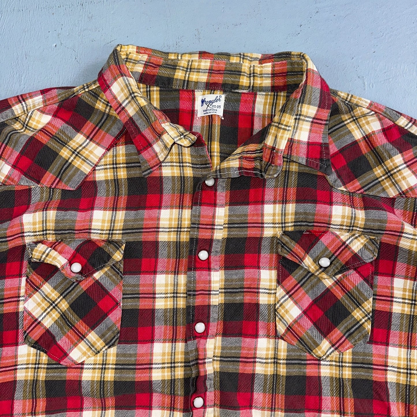 Vintage 60s Wrangler Sanforized Flannel Cotton Button Down Pearl Snap Rockabilly