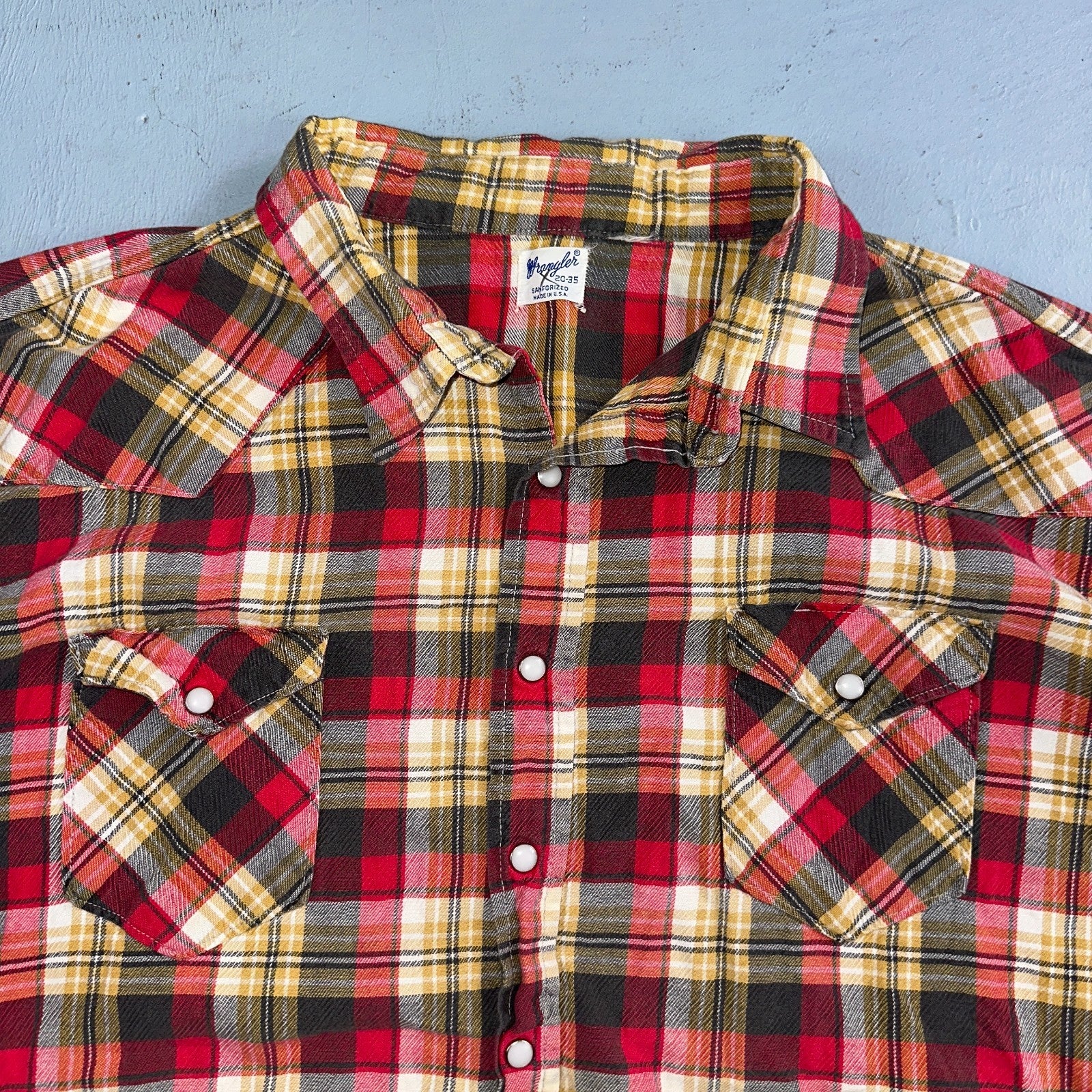 Vintage 60s Wrangler Sanforized Flannel Cotton Button Down Pearl Snap Rockabilly