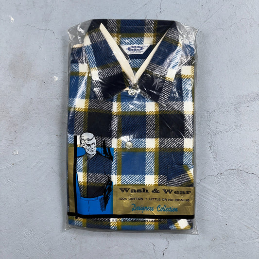 Deadstock VTG WASH N WEAR Button Down Shirt 50s 60s Shadow Plaid Rockabilly