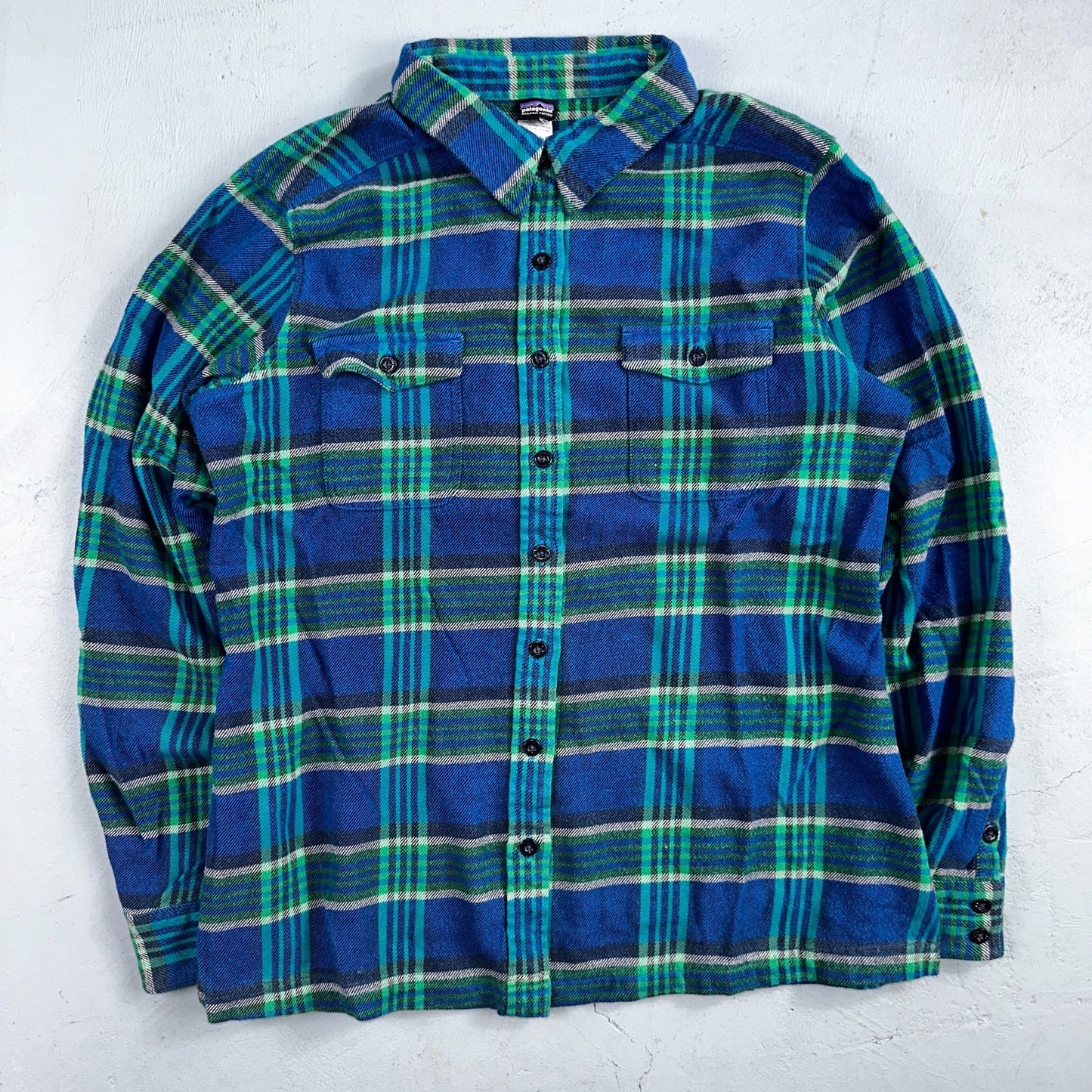 Patagonia Womens 14 Heavy Flannel Long Sleeve Shirt Button Up Blue Green Plaid