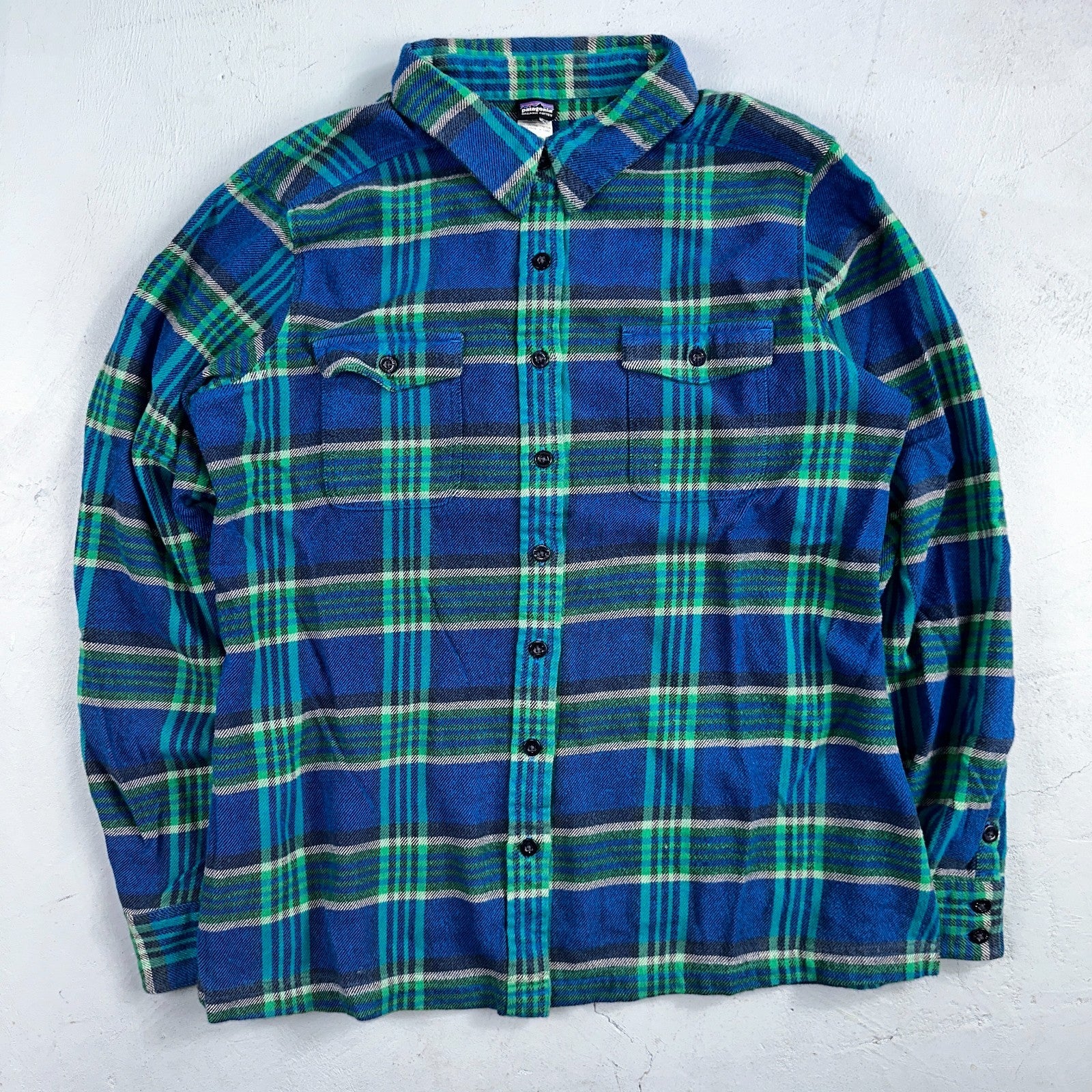 Patagonia Womens 14 Heavy Flannel Long Sleeve Shirt Button Up Blue Green Plaid