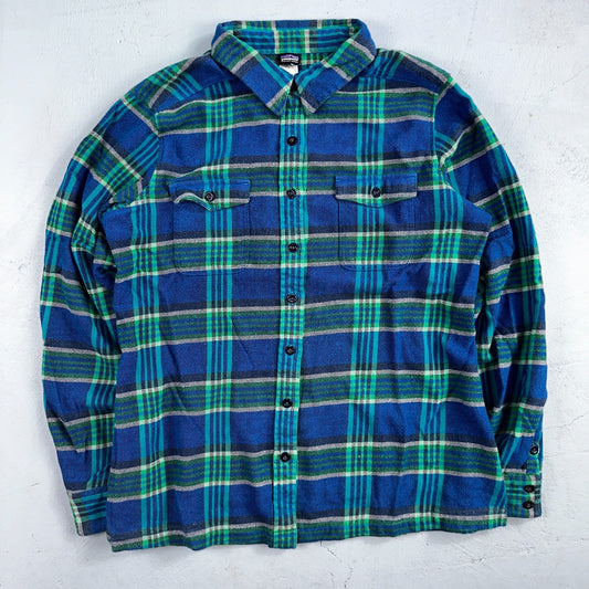 Patagonia Womens 14 Heavy Flannel Long Sleeve Shirt Button Up Blue Green Plaid