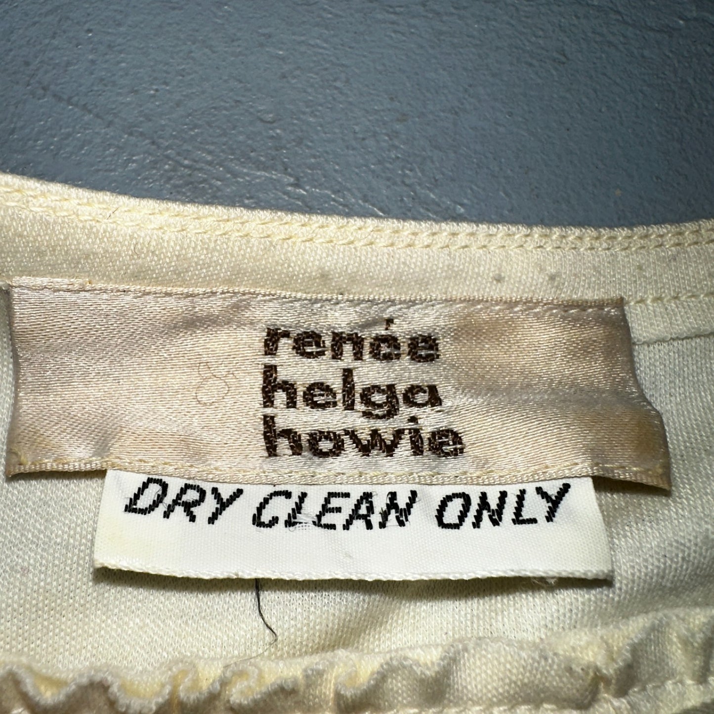 Vintage René Helga Howie Cream Midi Dress Blue Trim V-Neck 3/4 Sleeve Boho 70s