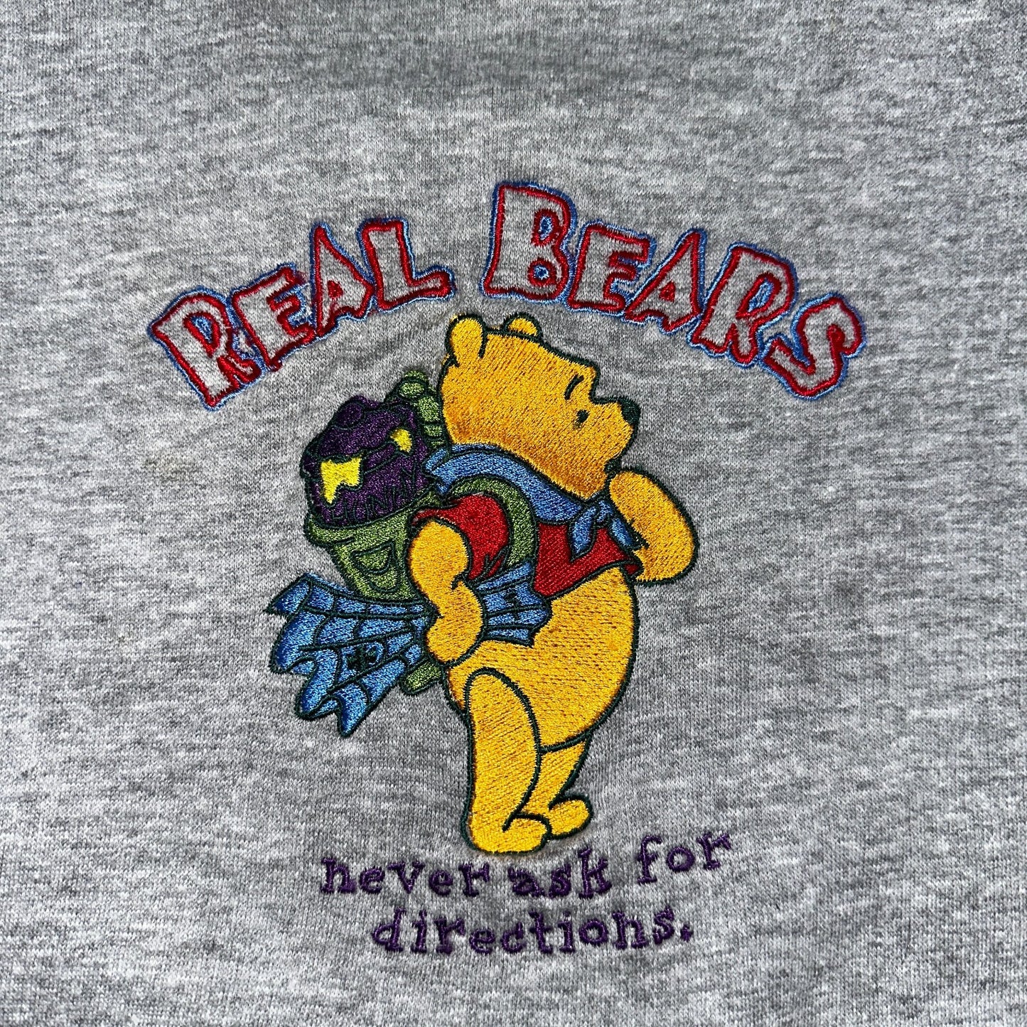 Pooh VTG Real Bears Never Ask Crew Neck Sweatshirt XL Embroidered Grey 90s