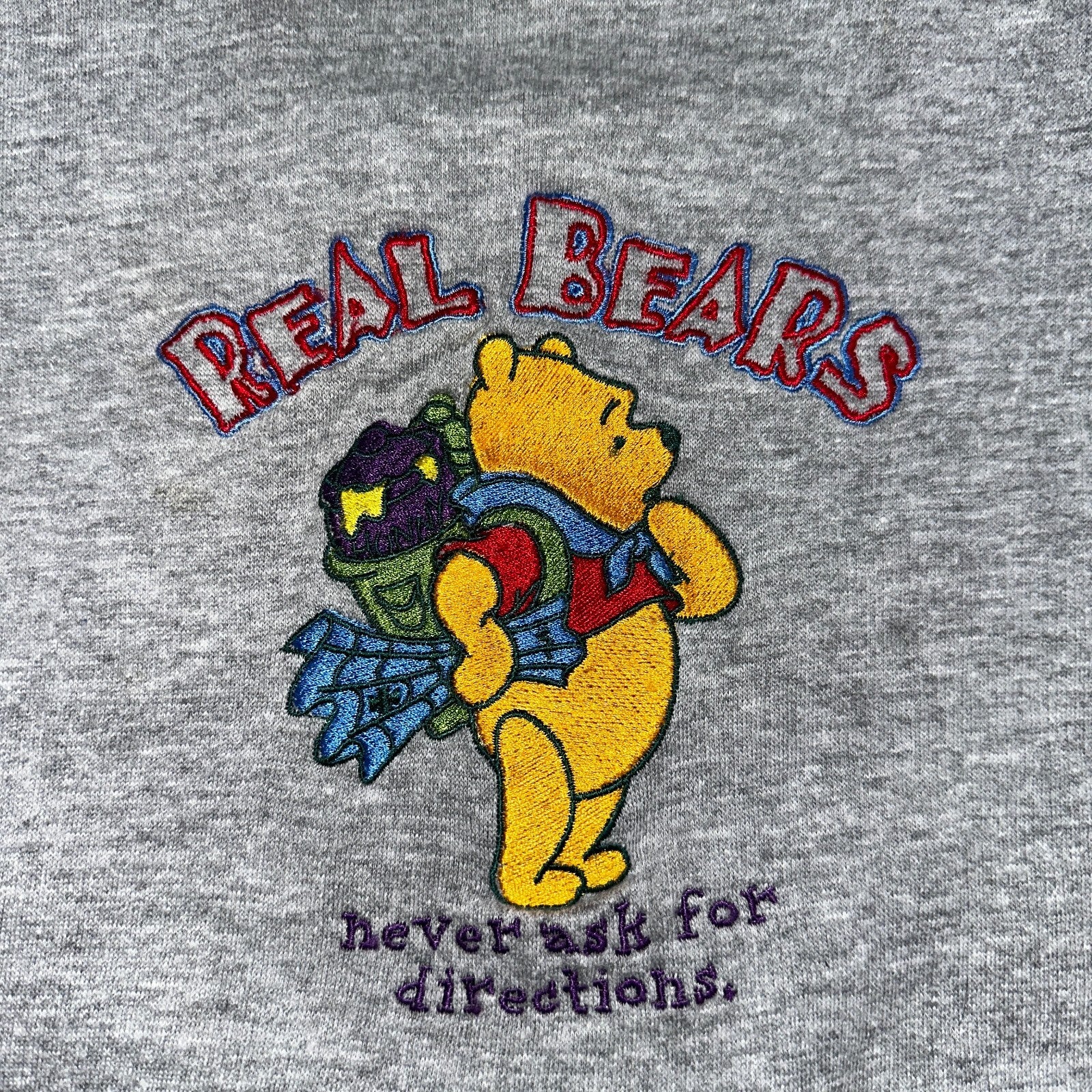 Pooh VTG Real Bears Never Ask Crew Neck Sweatshirt XL Embroidered Grey 90s