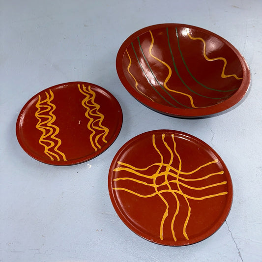 1993 Signed Studio Pottery Plate Bowl Set Cathy Maureen Aldrich Red Wood Art 90s