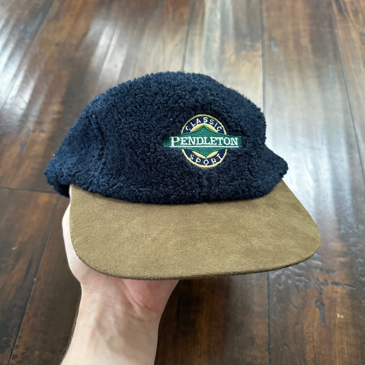 Pendleton Sport Hat Fleece Suede Flap Camp Navy USA Made Vtg 90s