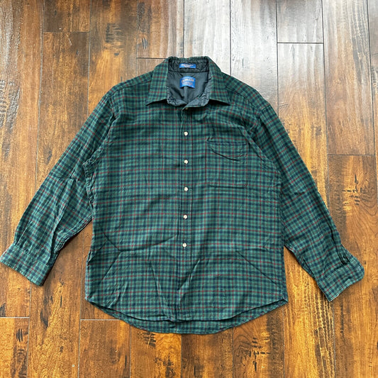 VTG Pendleton Mens Virgin Wool Button Up Shirt Plaid Size L Made in USA Big Hole