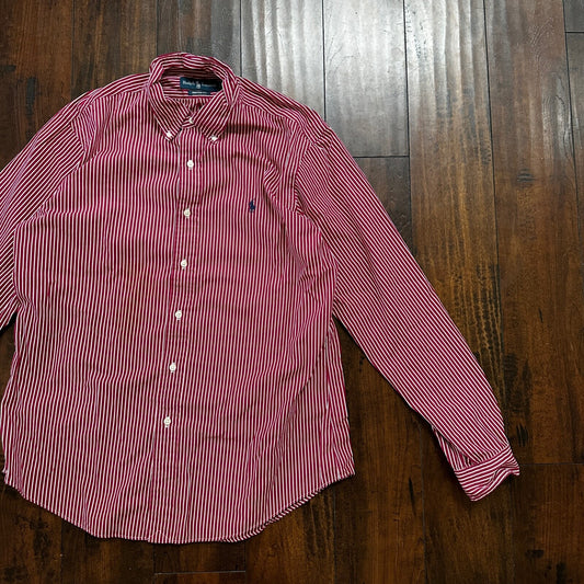 Polo Ralph Lauren Red Stripe Button Down Work Shirt Dress Vtg Up Y2K 90s Western