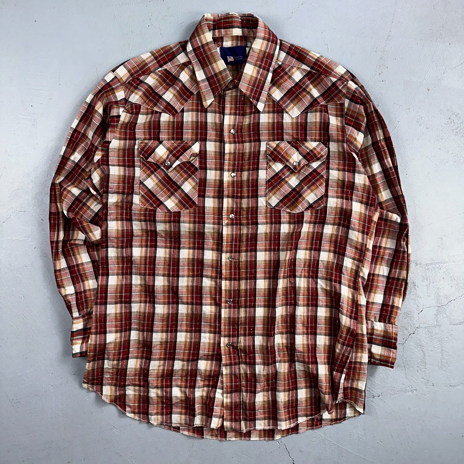 Vintage Panhandle 80s Western Shirt Pearl Snap Buttons Plaid Mens L 16.5 USA